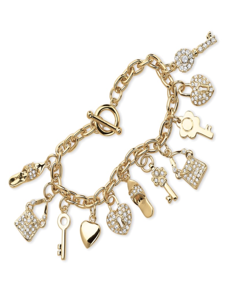 Front of a size 7.5 in Crystal Yellow Gold-Plated Shoe, Purse, Heart Lock and Key Charm Bracelet in White by PalmBeach Jewelry. | dia_product_style_image_id:296928